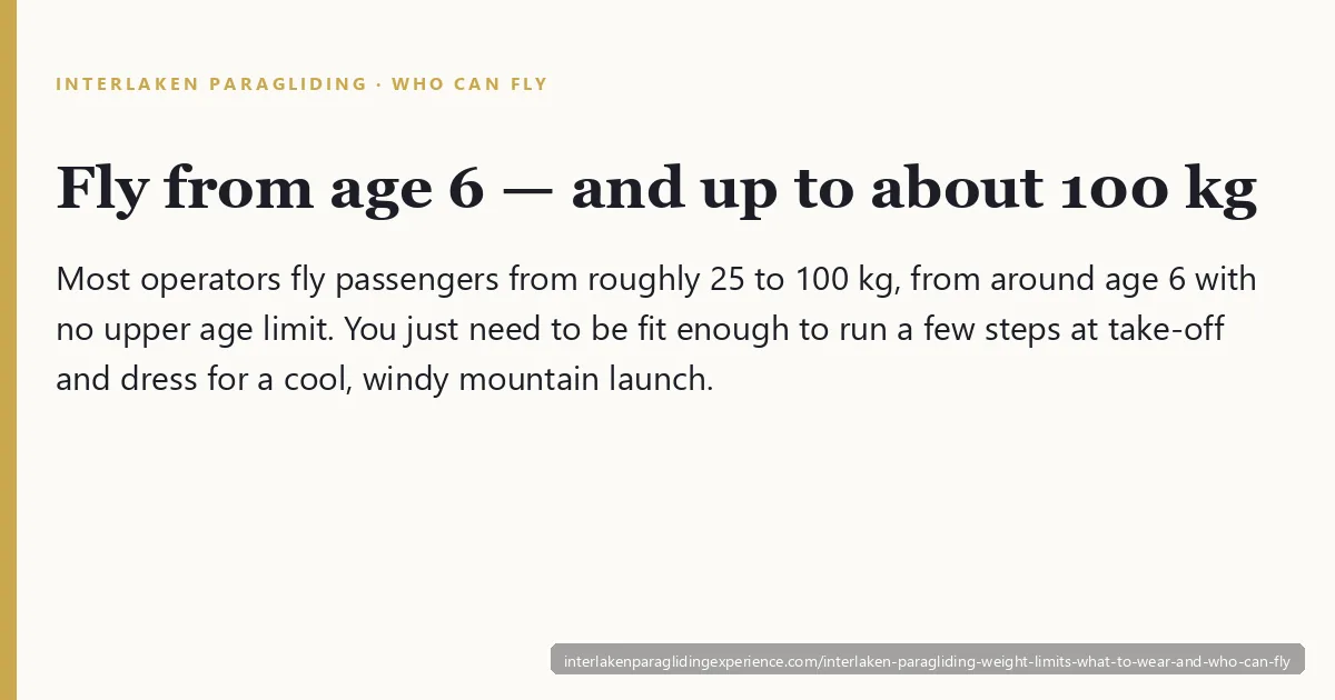 Interlaken paragliding weight limits and what to wear — a tandem passenger in sturdy shoes and a windbreaker running off the Beatenberg launch slope
